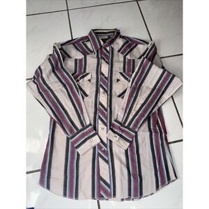 VINTAGE Wrangler Men Button Up Shirt M Striped Brushpopper Pearl Snap 90s